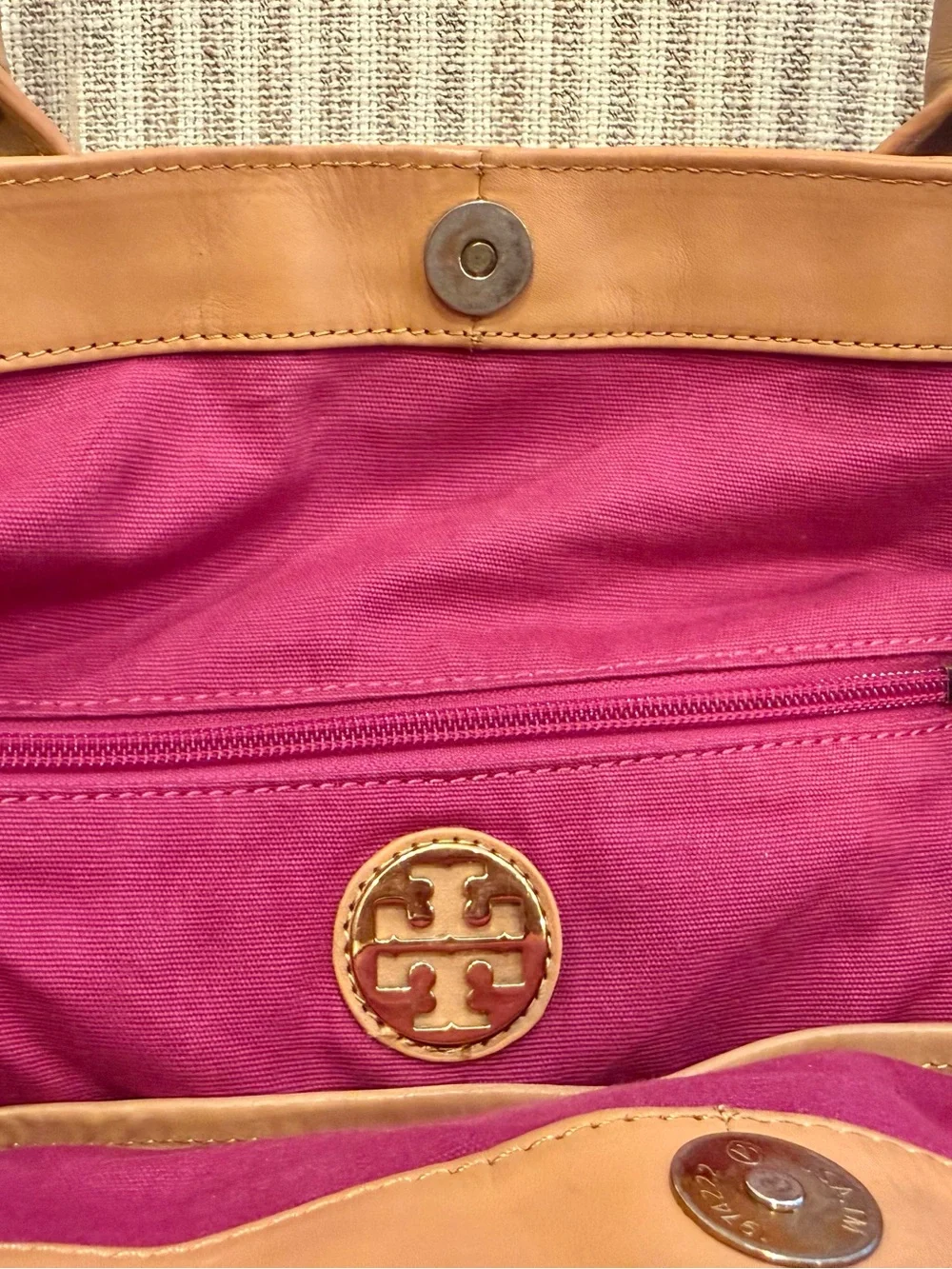 Tory Burch Ella Multi-Stripe Canvas Tote Leather Trim Large Shoulder Bag